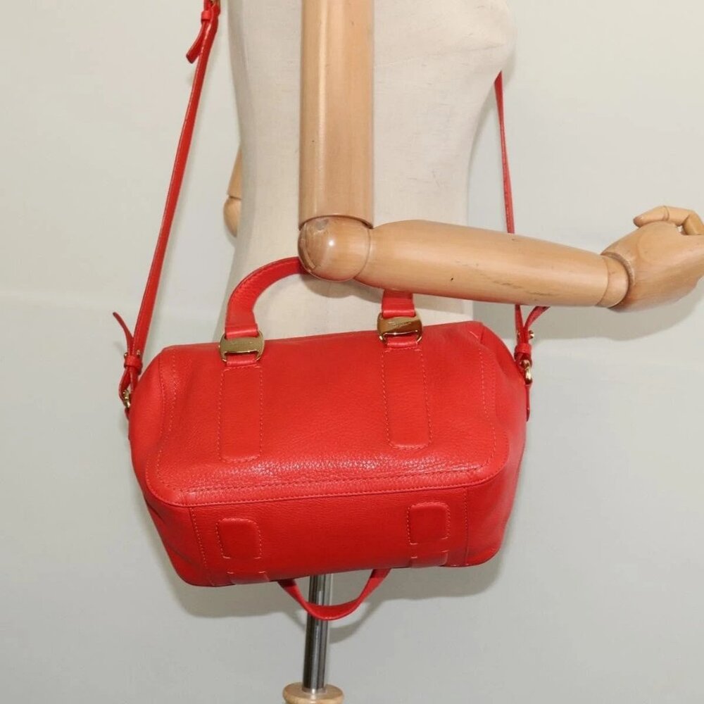 Salvatore Ferragamo Vala Hand Bag Leather 2way Red Gold Auth
